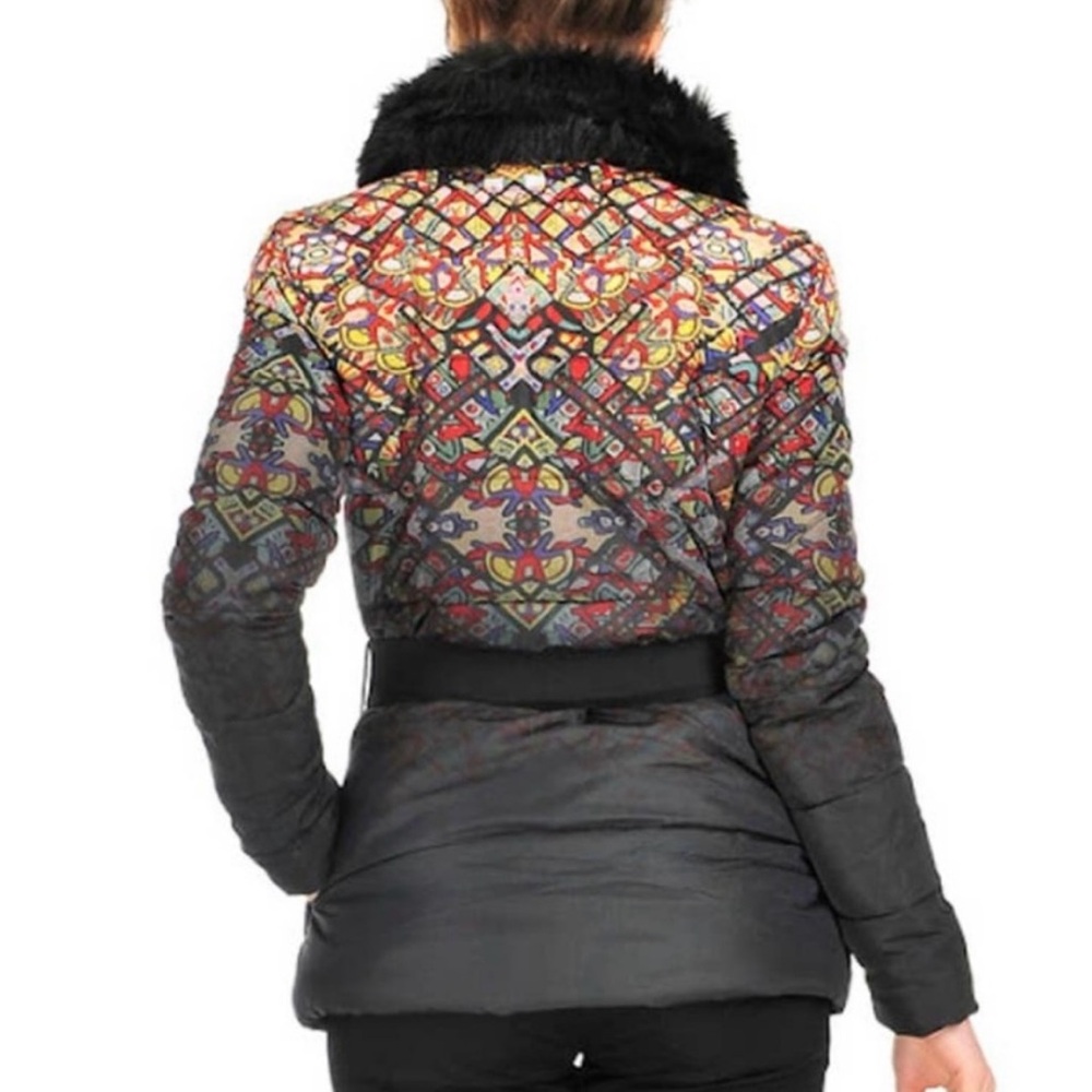 🤑 SALE Desigual Ombré Black Multi Fur trim Stained Glass Puffer Coat - Picture 2 of 14